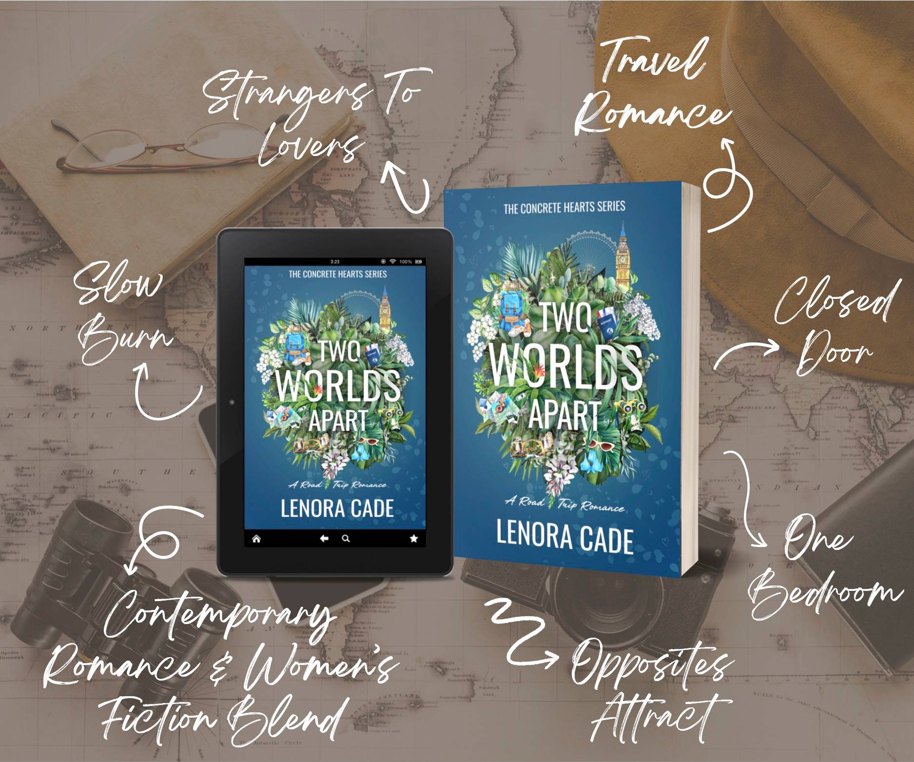 Overlaid on a photo of a map, camera, binoculars, notebook, glasses, and a hat is the e-book and paperback cover graphic of Two Worlds Apart by Lenora Cade. Tropes: Slow burn, strangers to lovers, travel romance, closed door, one bedroom, opposites attract, comtemporary romance & women's fiction blend