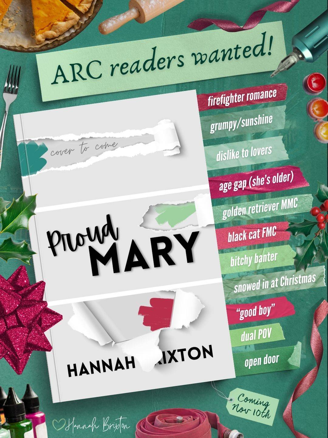 soft forest green background with isolated items around the perimeter, such as pumpkin pie, fork, flour-covered rolling pin, tattoo machine, ink caps, red curly ribbons, a red fire hose, a red glittery bow, holly leaves and berries, and tattoo ink. In the