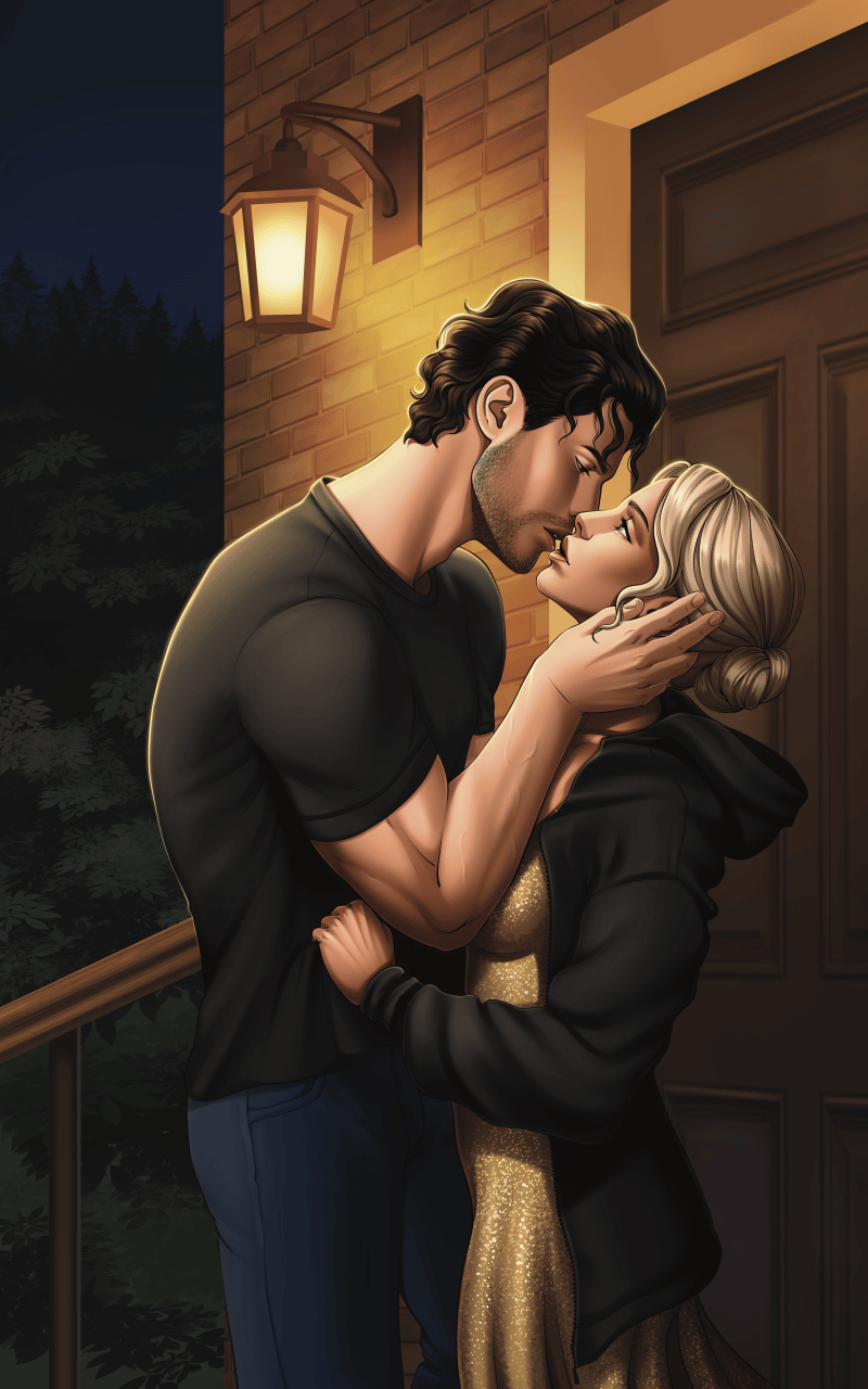 illustrated character art of Miles and Caroline in the book Sweet Caroline by Hannah Brixton; image shows the couple almost kissing at night, lit by a dim porch light