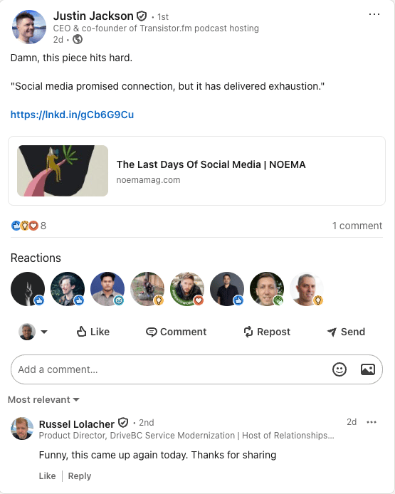 Justin's post on LinkedIn