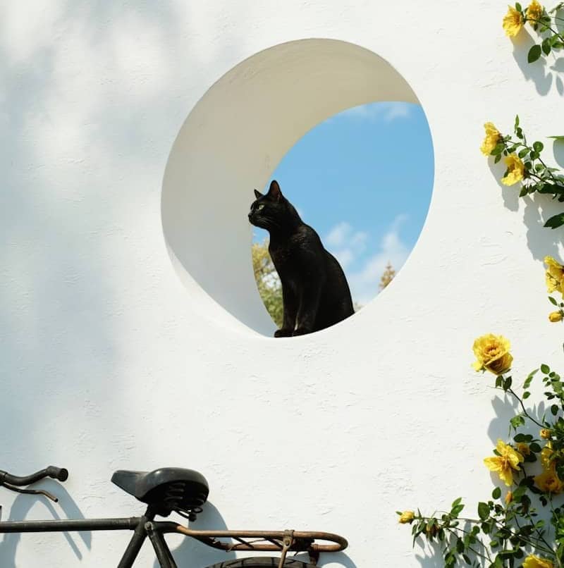 Black cat sits in circular window on sunny day.