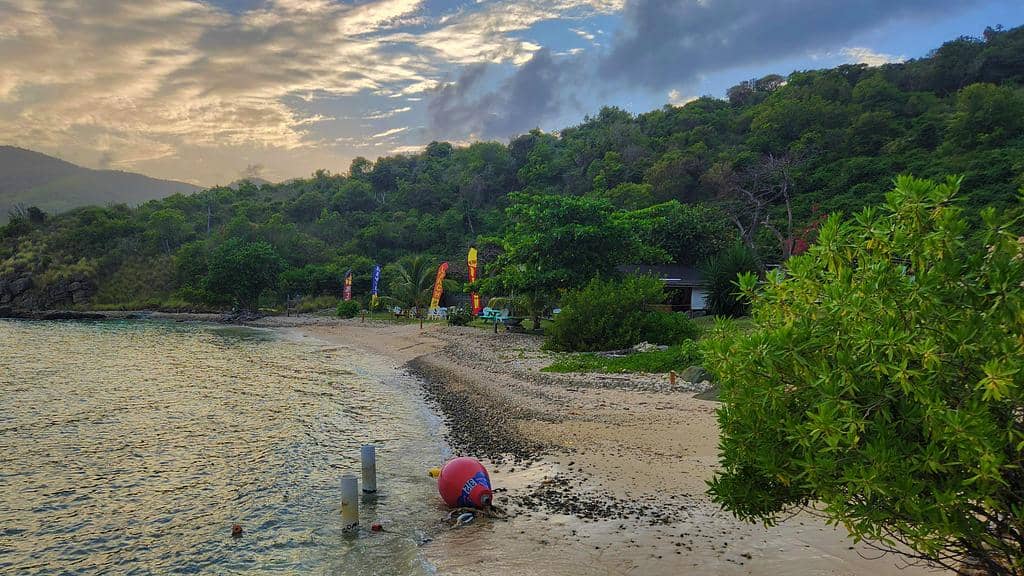 Sandy Spit: a tiny sandbar with a few palm trees, surrounded by classic Caribbean blue.