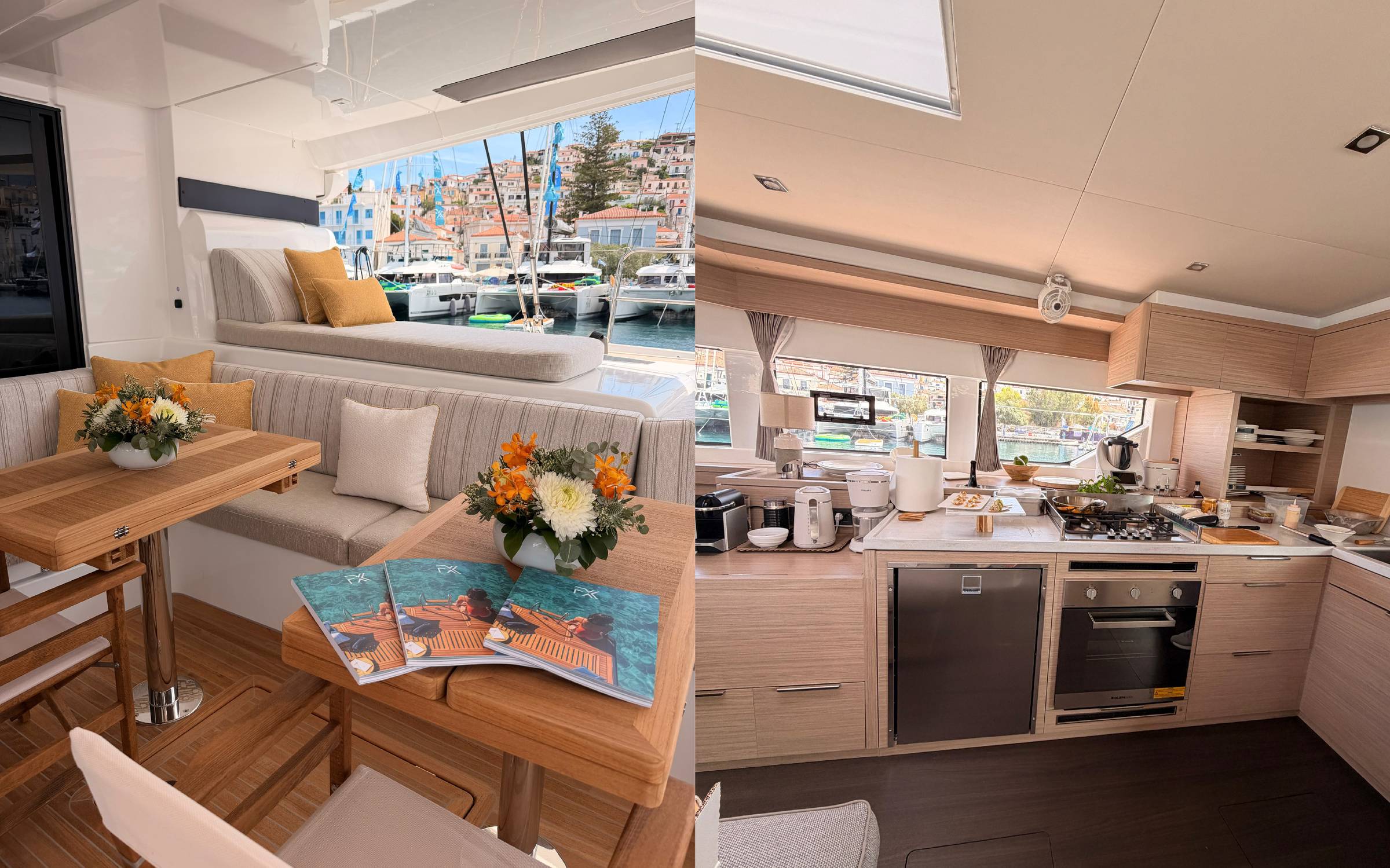 Inside LULU: bright interiors, a comfortable salon, and a galley designed for a seamless onboard experience.