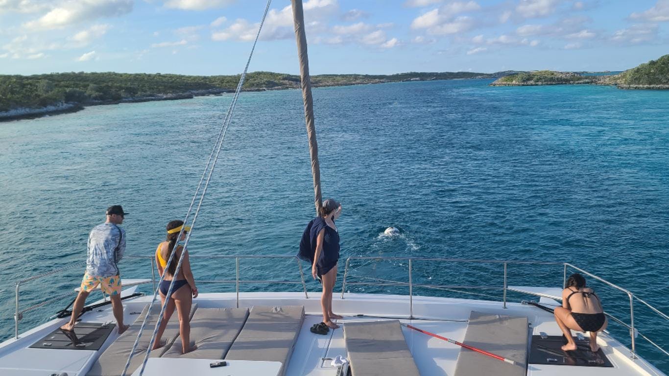 The most challenging mooring ball we've ever picked up, during a 3knot tidal flow. At Pirate's Lair in the Exuma Land and Sea Park.