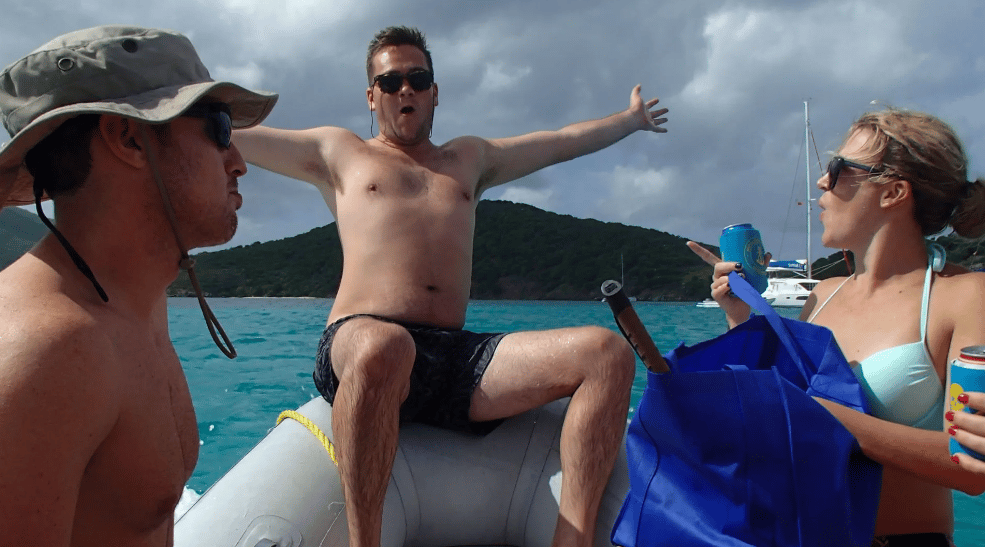 Don't do this! No one goes on the front of the dinghy - a wave can easily bump you off and put you in the path of the propeller