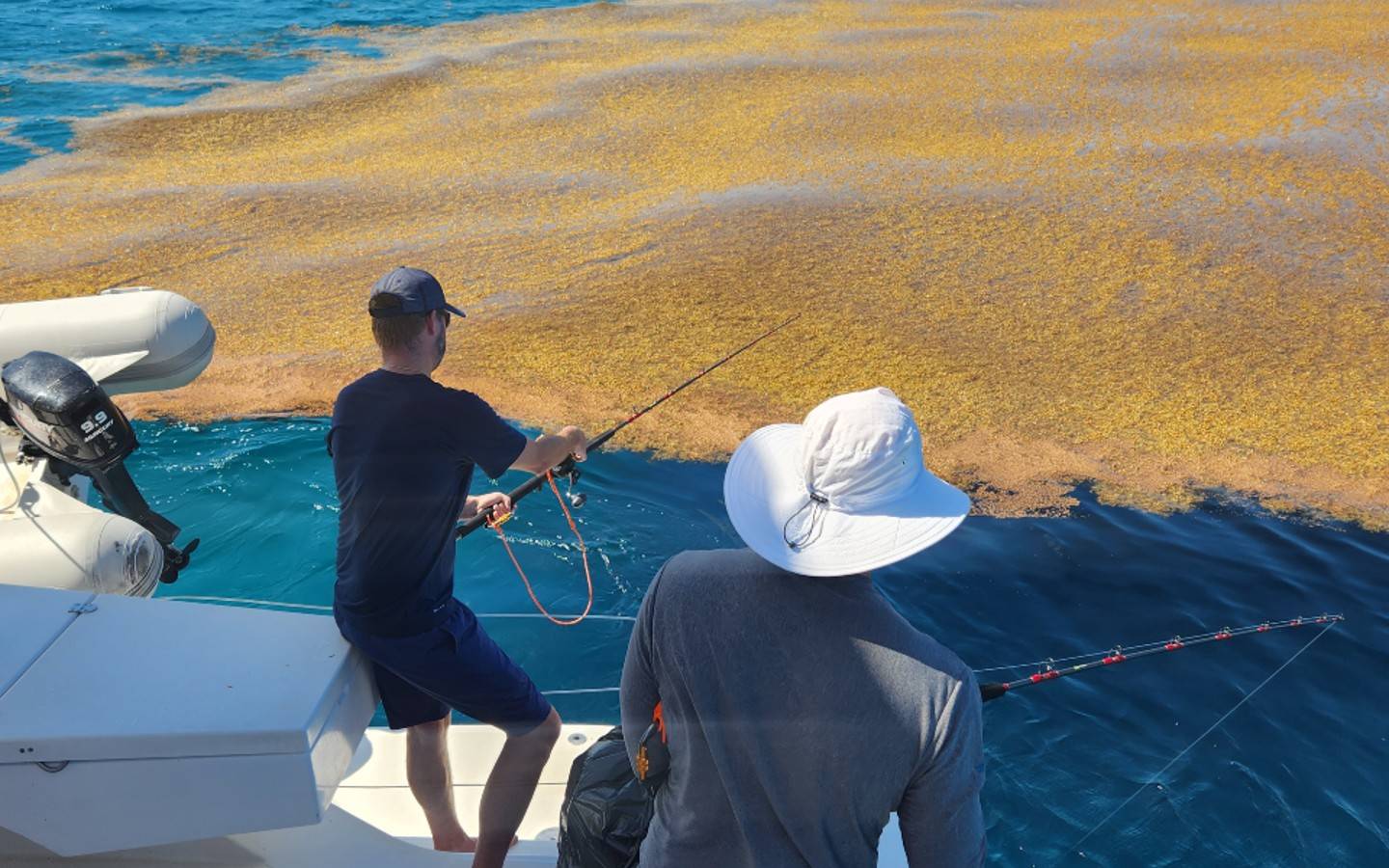 Jigging a patch of sargassum near Barbuda where mahi sometimes like to hang out.