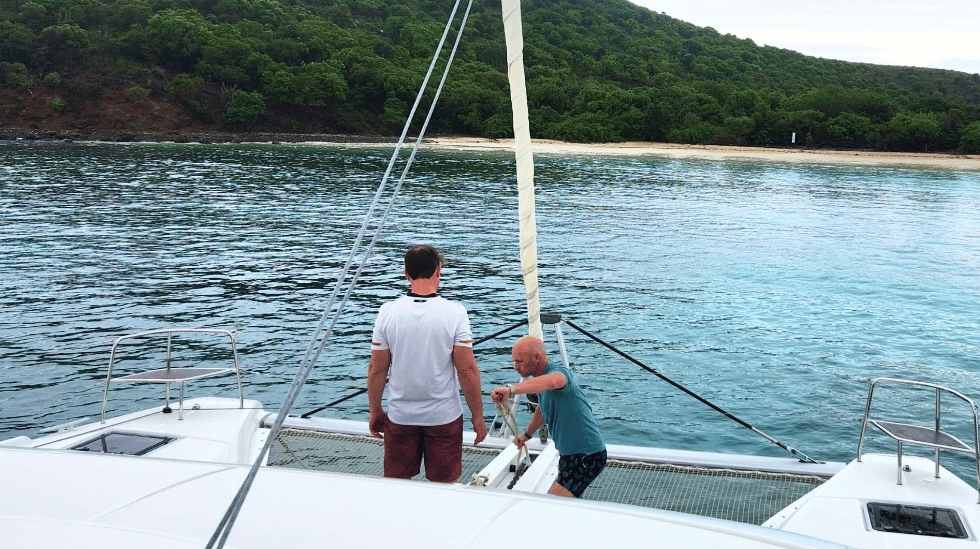 Anchoring team getting to work at Playa Flamenco in the Spanish Virgin Islands