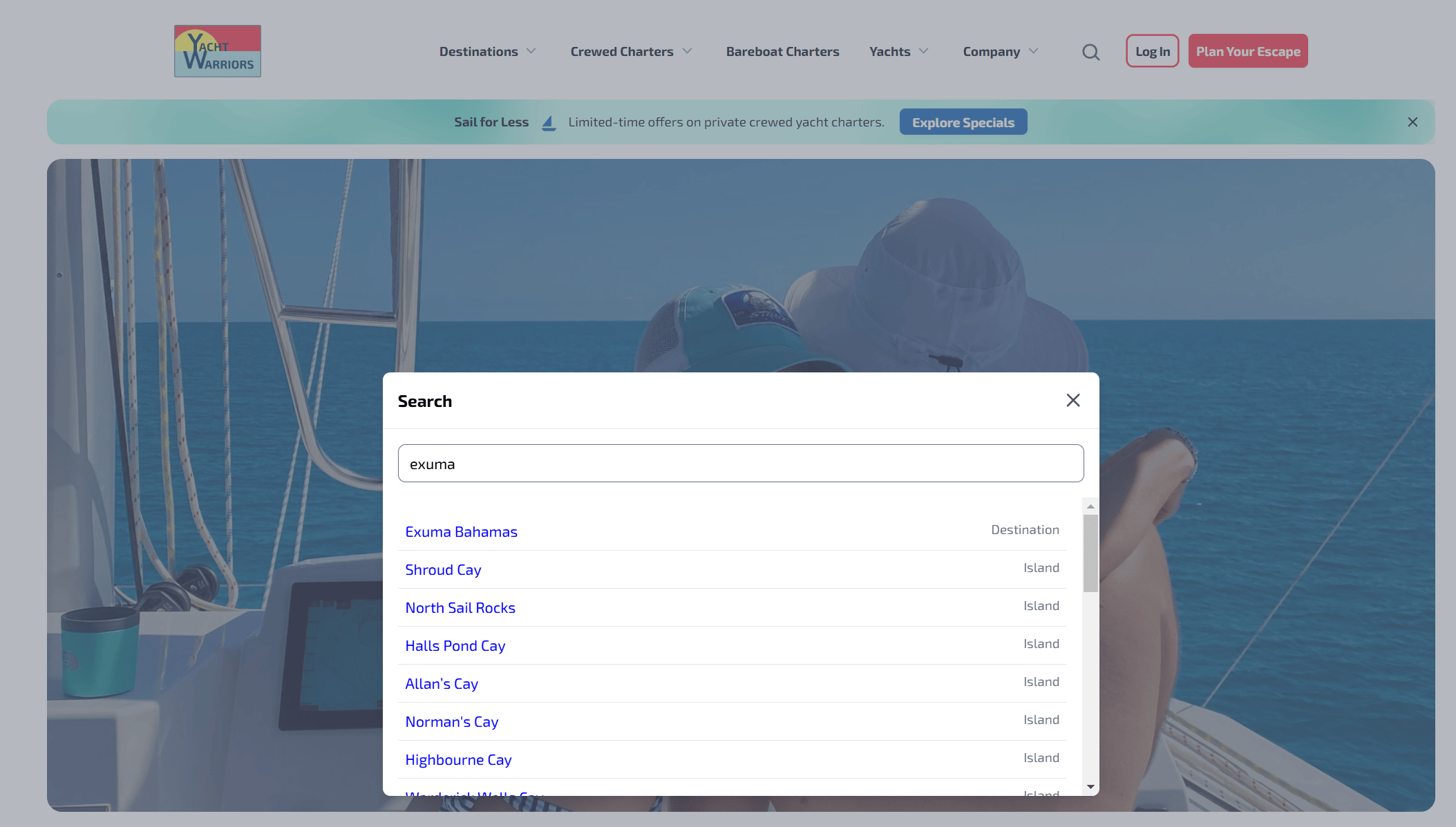 New search feature on the Yacht Warriors website