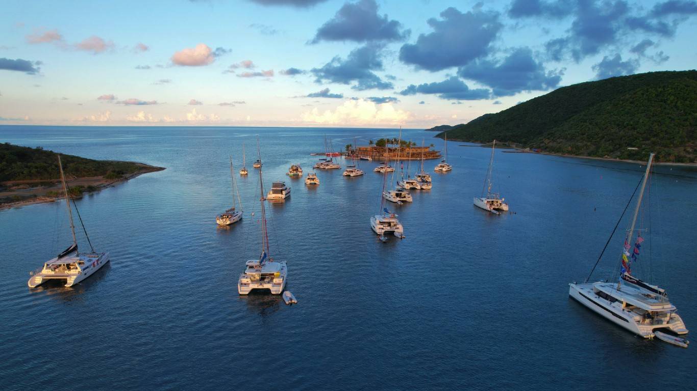 Busy mooring field at Saba Rock we experienced in the off-season due to the Interline Regata