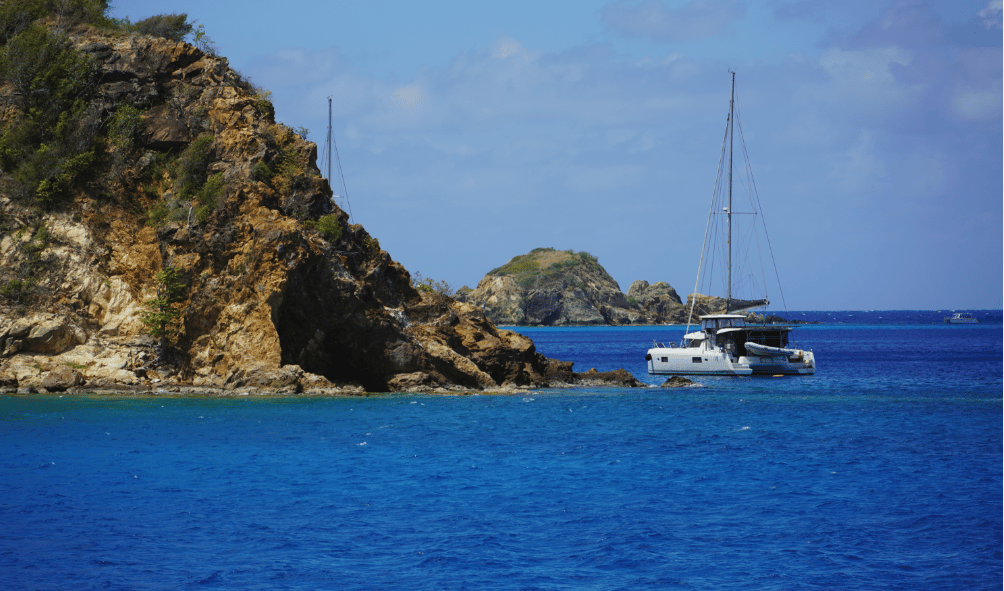 Sandy Spit: a tiny sandbar with a few palm trees, surrounded by classic Caribbean blue.