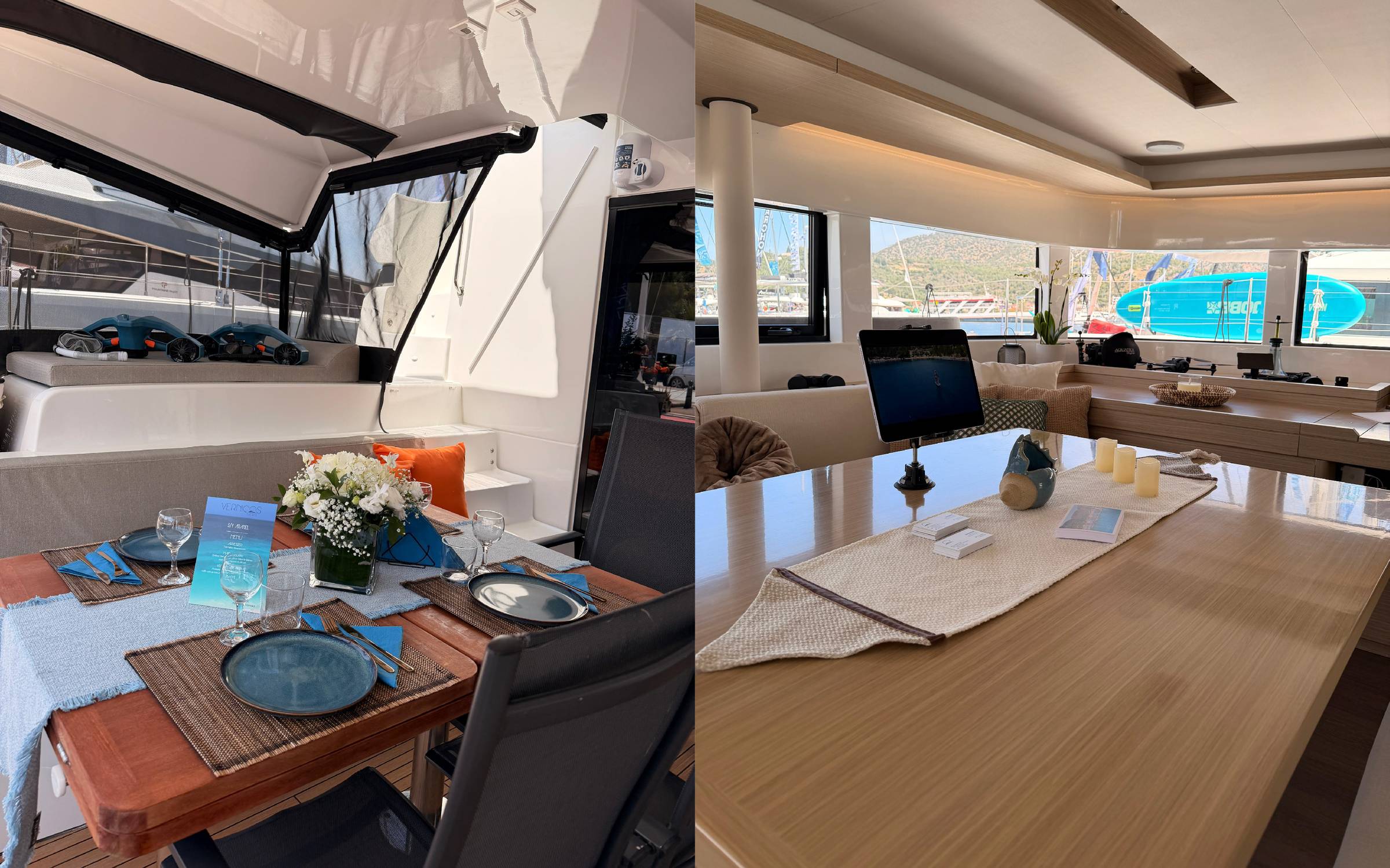 Two ways to dine on ARANEL — al fresco in the cockpit or inside with views of the water. Either way, the setting does half the work.