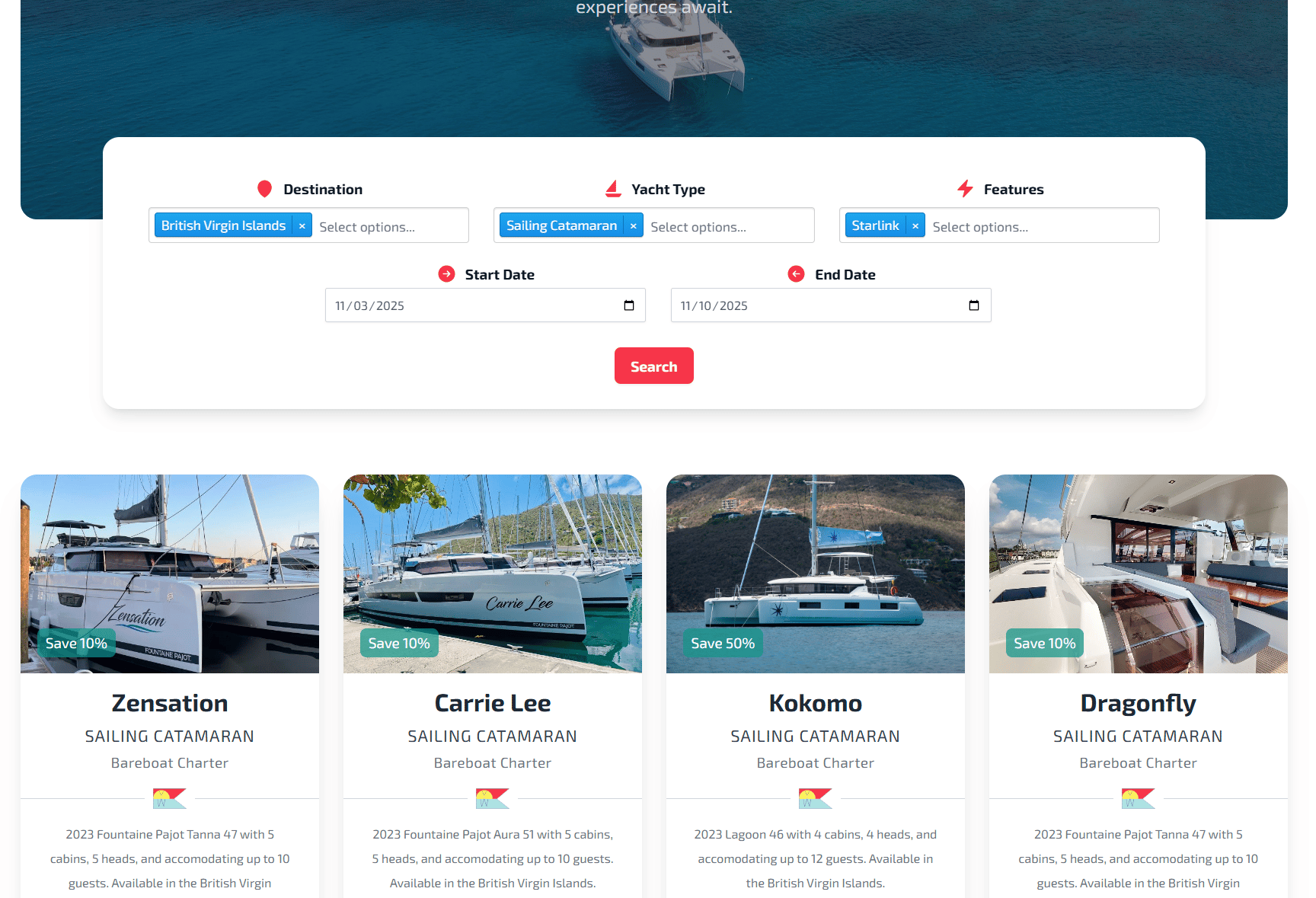 Preview of the bareboat yacht search on Yacht Warriors