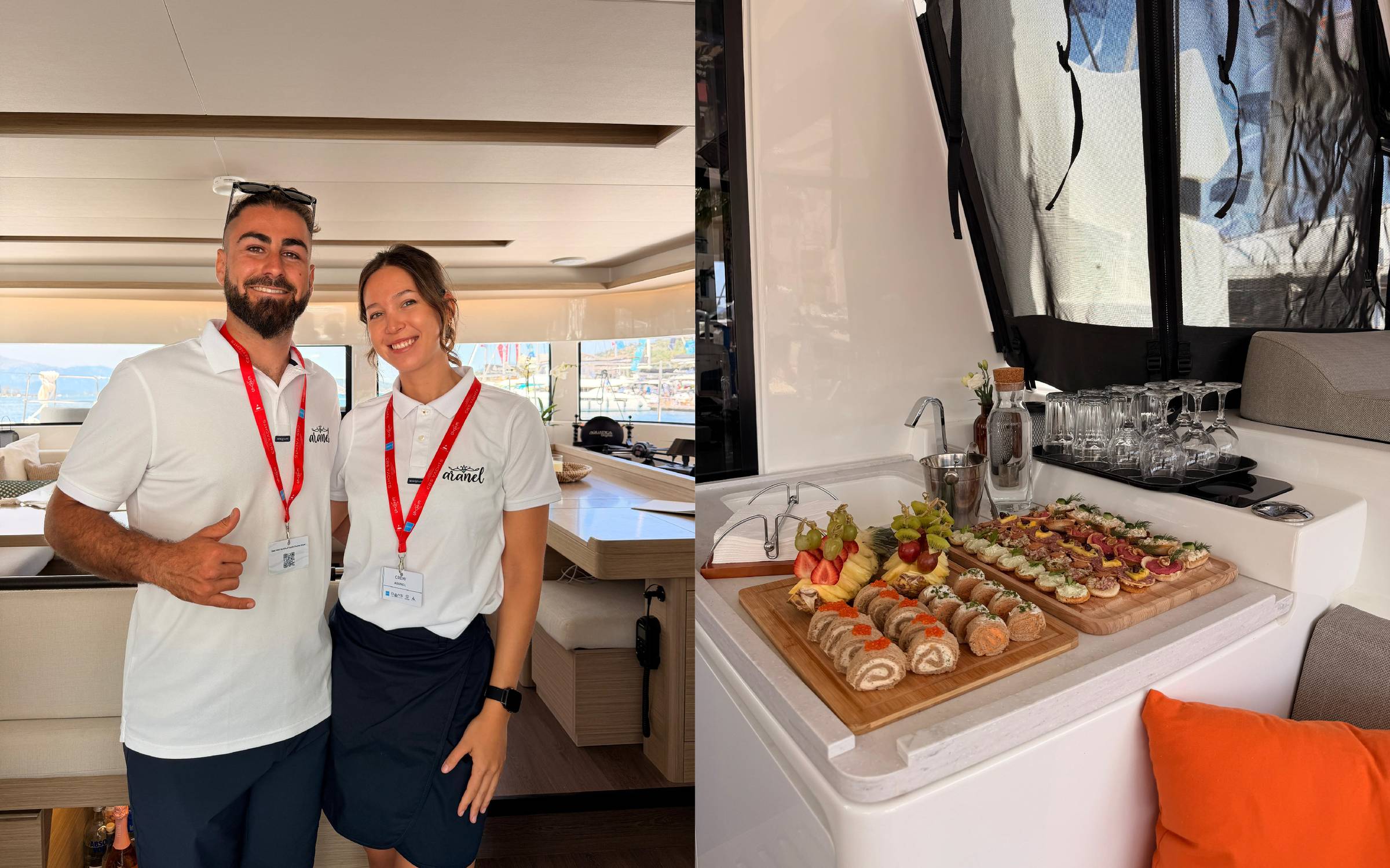 Javi and Flavia are what make ARANEL special. A captain from Málaga, a chef from Argentina, and a food spread that speaks for itself.