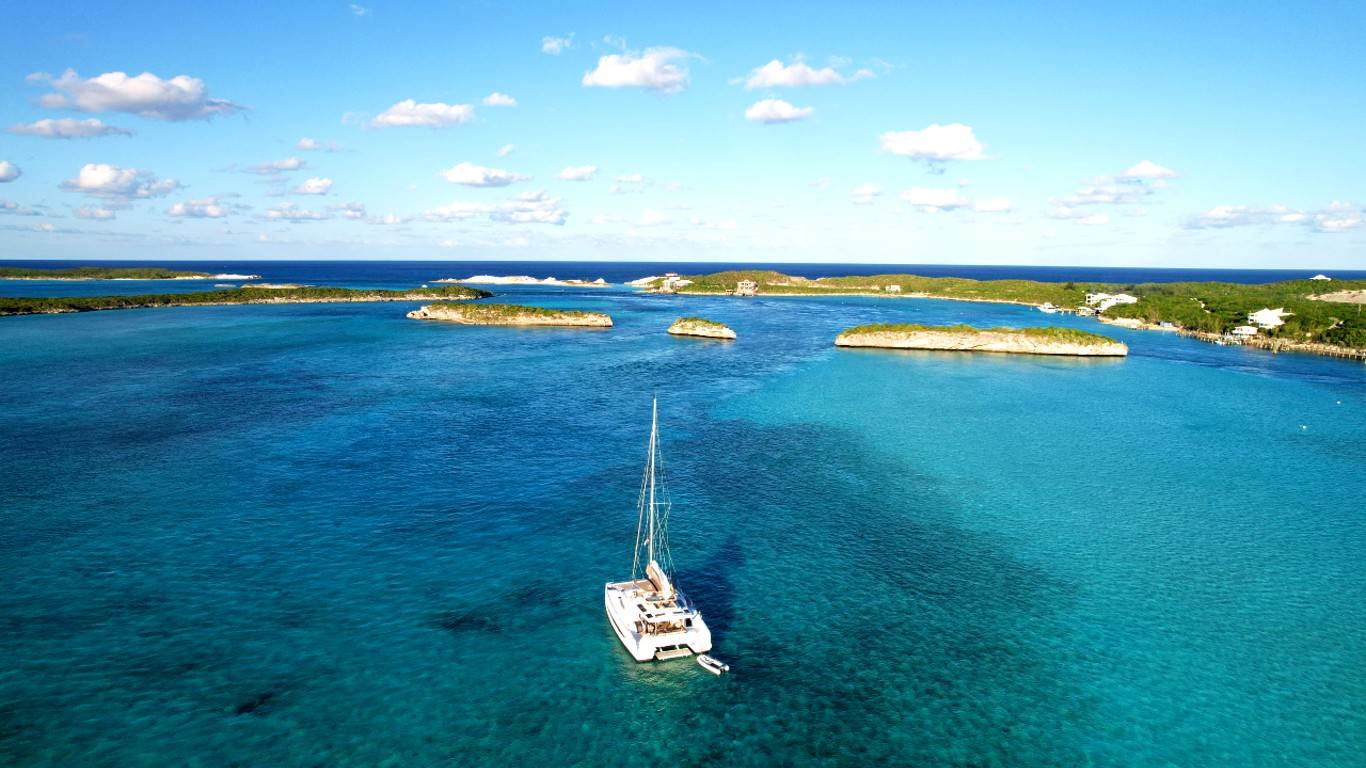The anchorage I like at Staniel Cay - Thunderball Grotto is on the left in the background