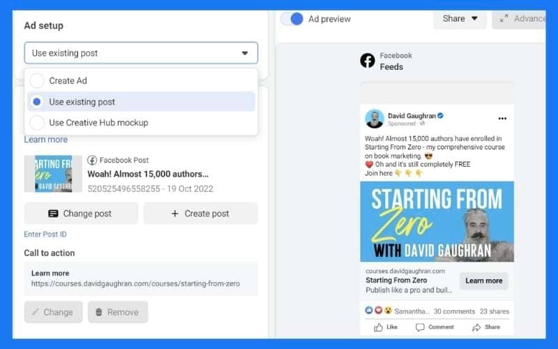 facebook use existing post