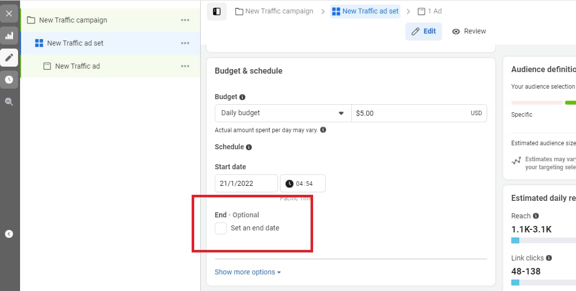 Facebook Ad Set creation 1