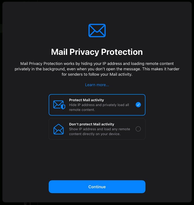 Apple Mail Privacy Protection prompt