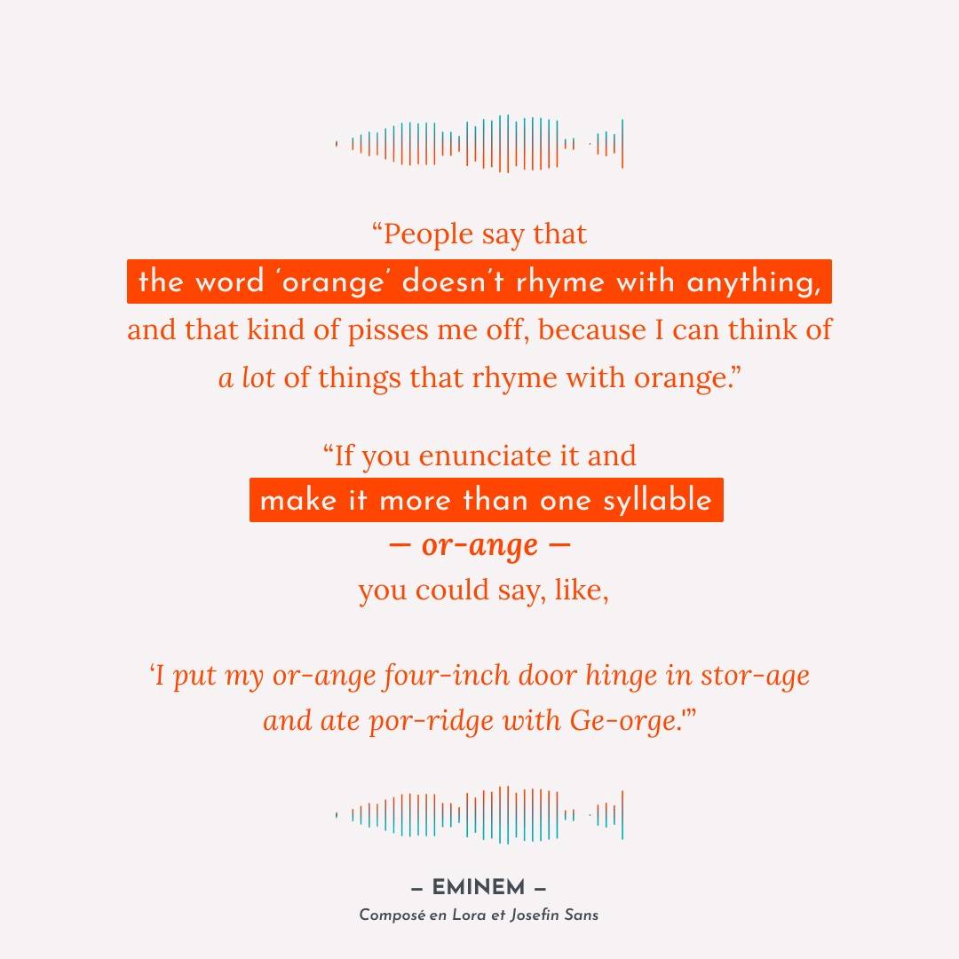 La citation du jour est inspirée des graphistes que je reçois régulièrement en formations, et de leur déception face aux règles d'accessibilité concernant les contrastes de couleurs.

Contrairement à ce que l'on croit, une créa accessible, n'est pas forcément terne, il faut simplement apprendre à tester les contrastes et réfléchir à la manière de combiner les couleurs ensemble !

Cette semaine, je me suis donc amusée avec une citation sur le mot et la couleur orange – couleur réputée compliquée à utilisée dans une palette de couleurs accessibles… Références de couleurs et contrastes sur la deuxième image.

—

“People say that the word ‘orange’ doesn’t rhyme with anything, and that kind of pisses me off, because I can think of a lot of things that rhyme with orange.”

“If you enunciate it and make it more than one syllable — or-ange — you could say, like,

‘I put my or-ange four-inch door hinge in stor-age and ate por-ridge with Ge-orge.'”

– EMINEM –
Composé en Lora et Josefin Sans

—

Palette de couleur utilisée : 

Gris foncé : code hexadécimal #424B54, Rouge 66, Vert 75, Bleu 84. Niveau de contraste triple A (AAA) lorsque combiné avec du blanc cassé (code hexadécimal #F7F3F4, Rouge 247, Vert 243, Bleu 244)

Orange vif : code hexadécimal #FF4500, Rouge 255, Vert 69, Bleu 00. Niveau de contraste double A (AA) lorsque combiné avec du blanc cassé (code hexadécimal #F7F3F4, Rouge 247, Vert 243, Bleu 244), uniquement sur des grands textes (supérieurs ou égaux à 24 pixels) et textes en gras (supérieurs ou égaux à 18.5 pixels).

Si vous trouvez ce post utile, pensez à le Liker, Commenter, Partager ou sauvegarder pour plus tard ❤️