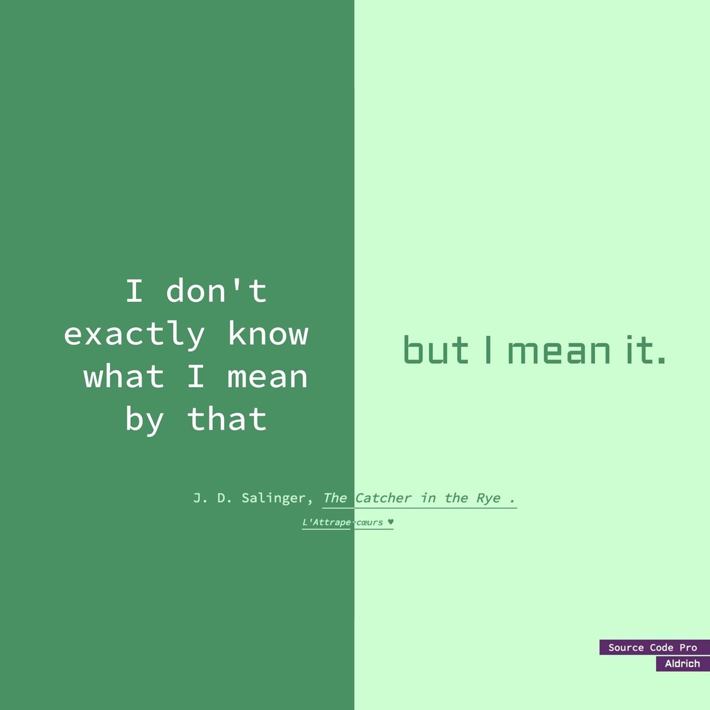 « I don't exactly know what I mean by that but I mean it. » ⠀
J. D. Salinger, in The Catcher in the Rye . (L'Attrape-cœurs ♥)⠀
⠀
Composé en Source Code Pro et Aldrich