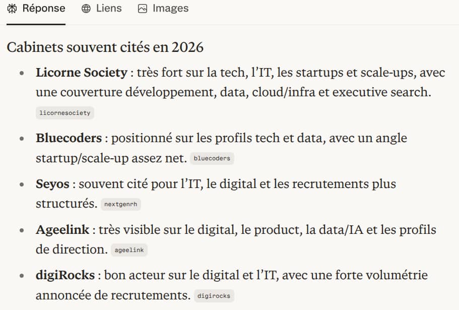 ChatGPT response — meilleures agences recrutement tech 2026