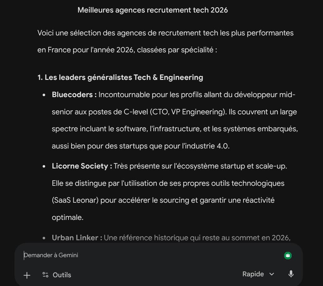 Gemini response — meilleures agences recrutement tech 2026