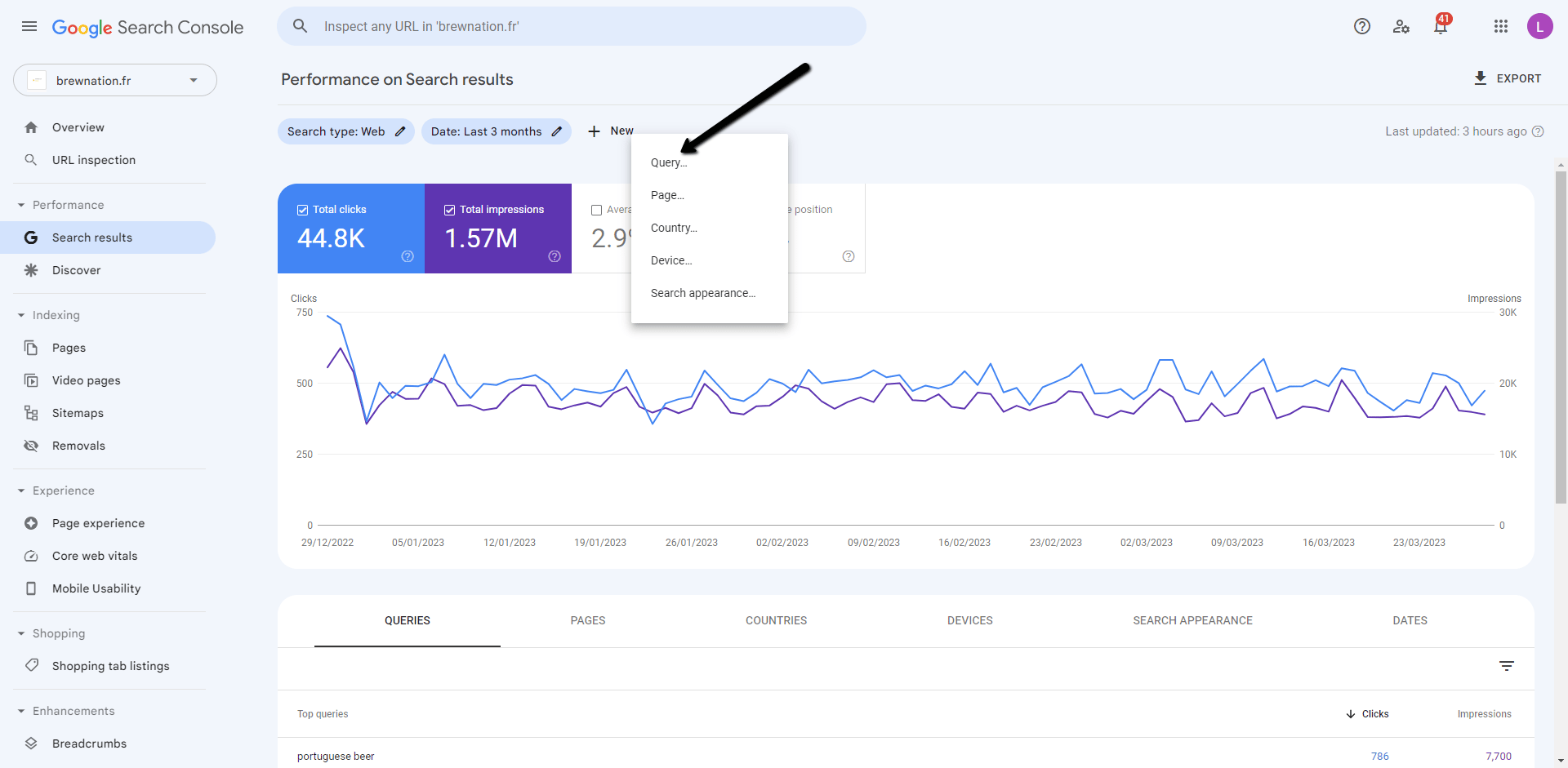 Utiliser un filtre sur la search console