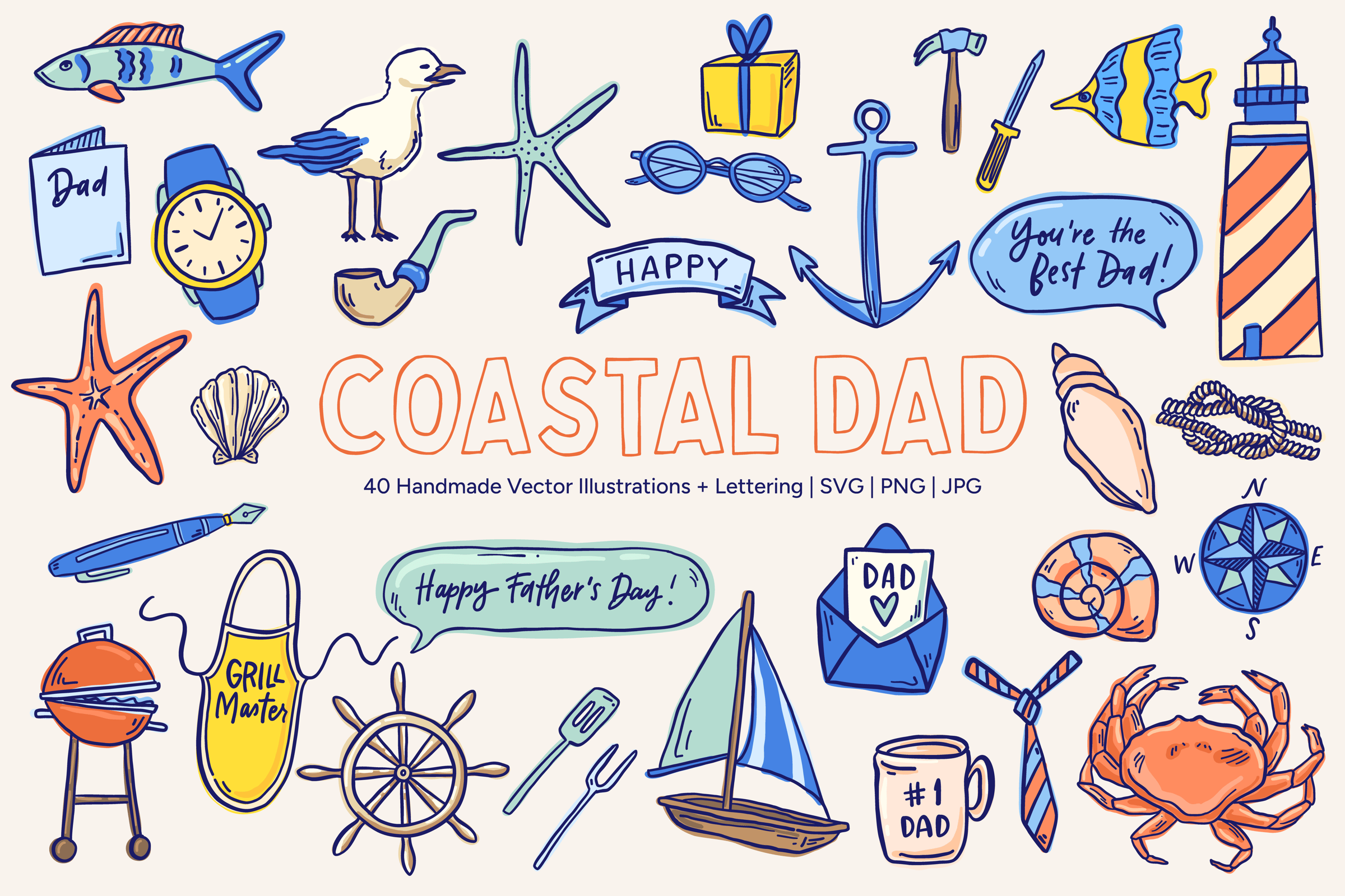 A collection of 40 hand-drawn coastal and Father's Day illustrations including a lighthouse, anchor, crab, sailboat, ship's wheel, grill, and lettering motifs on a cream background