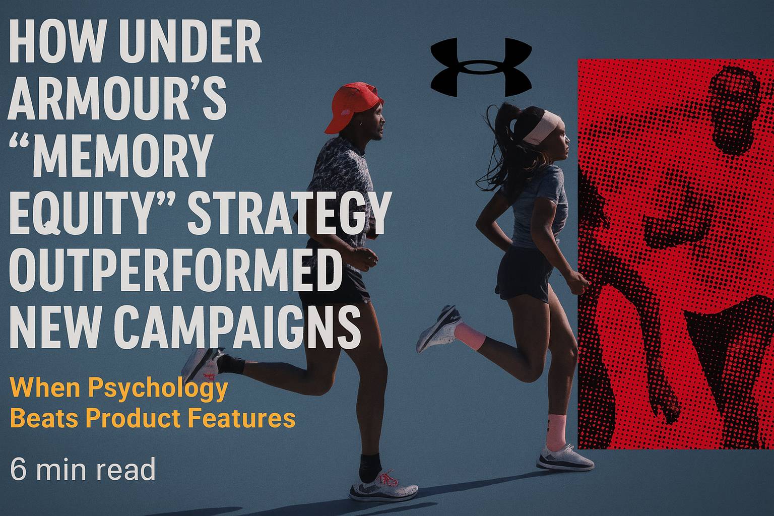 Two runners in Under Armour athletic wear jogging against a blue sky background, with the Under Armour logo prominently displayed alongside red halftone pattern graphics, illustrating the brand's focus on athletic performance and community engagement in t