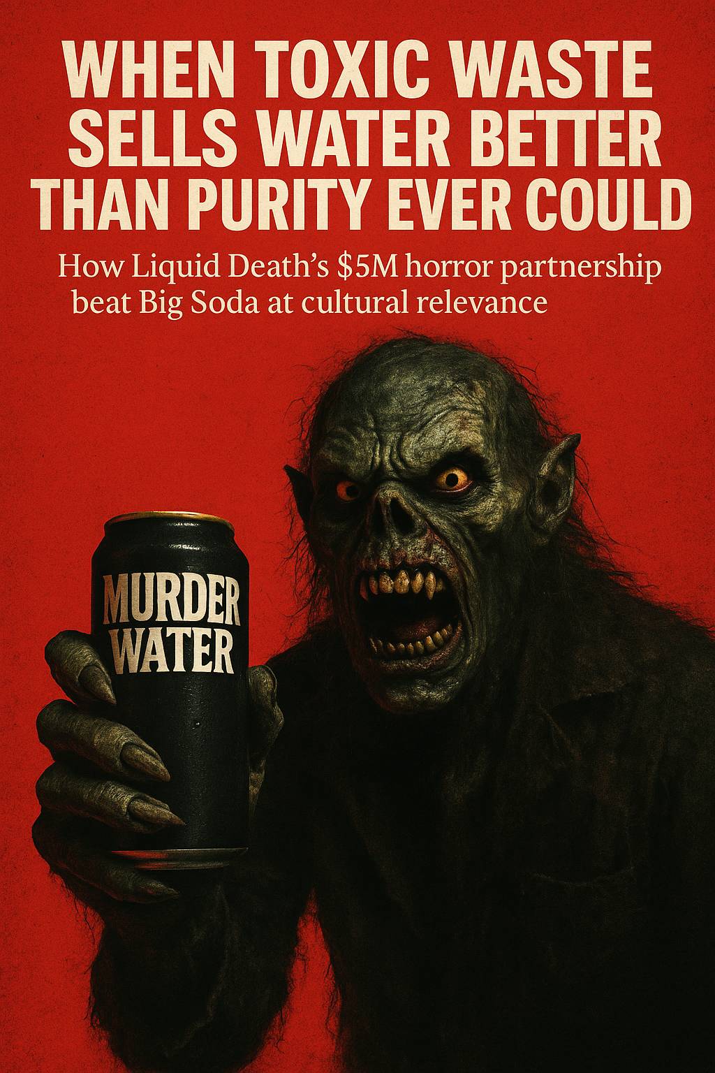 AI-generated horror movie poster featuring a grotesque green monster with sharp teeth holding a black Liquid Death 'Murder Water' can against a blood-red background, with bold cream-colored text reading 'When Toxic Waste Sells Water Better Than Purity Eve