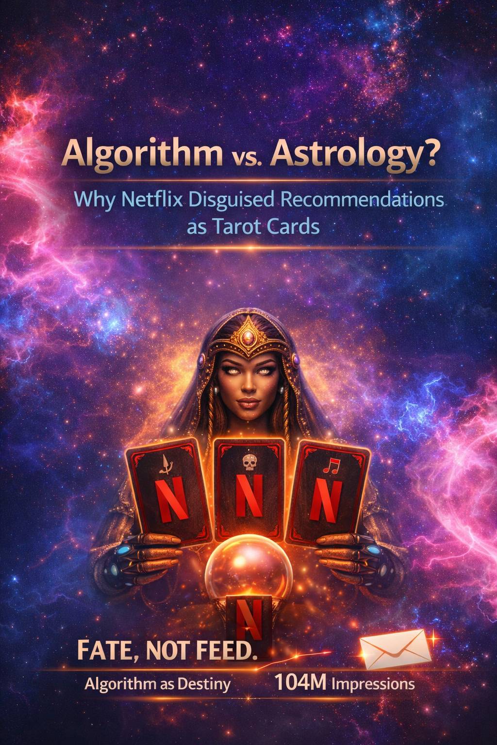"Netflix tarot card marketing campaign featuring mystical fortune teller holding three Netflix-branded tarot cards against cosmic background with text 'Algorithm vs Astrology' and 'Fate, Not Feed' tagline showing 104M impressions"