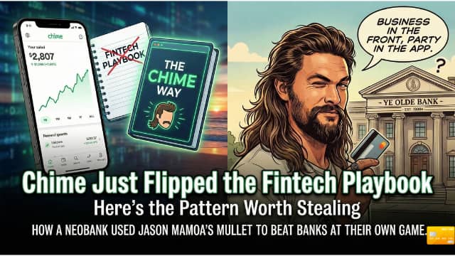 Split scene graphic showing Chime mobile app with rising account balance on left, 'Fintech Playbook' book cover in center with illustrated Jason Momoa character, and Jason Momoa in business attire holding phone outside traditional bank building on right w