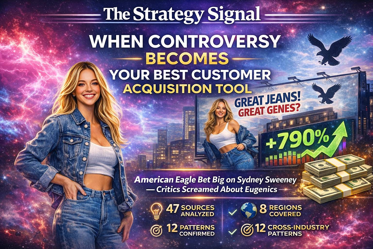 Newsletter header for The Strategy Signal featuring blonde woman in full denim outfit against purple and blue cosmic/galaxy background. Large white and gold text reads "When Controversy Becomes Your Best Customer Acquisition Tool." Billboard shows "Great 
