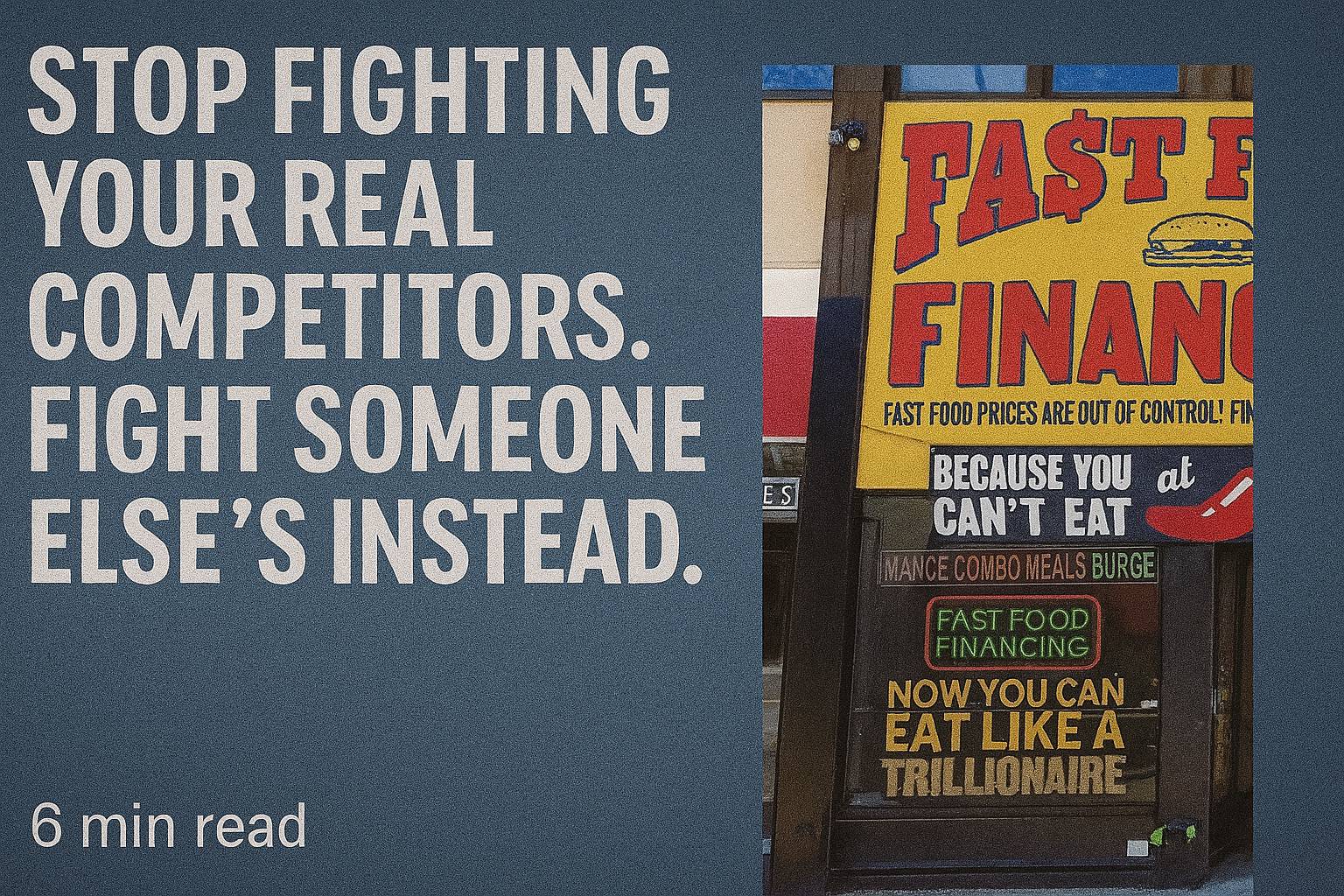 VyB marketing presentation slide with dark blue background featuring the headline 'Stop fighting your real competitors. Fight someone else's instead.' alongside a '6 min read' indicator. The right side displays a vintage-style 'Fast Finance' advertisement