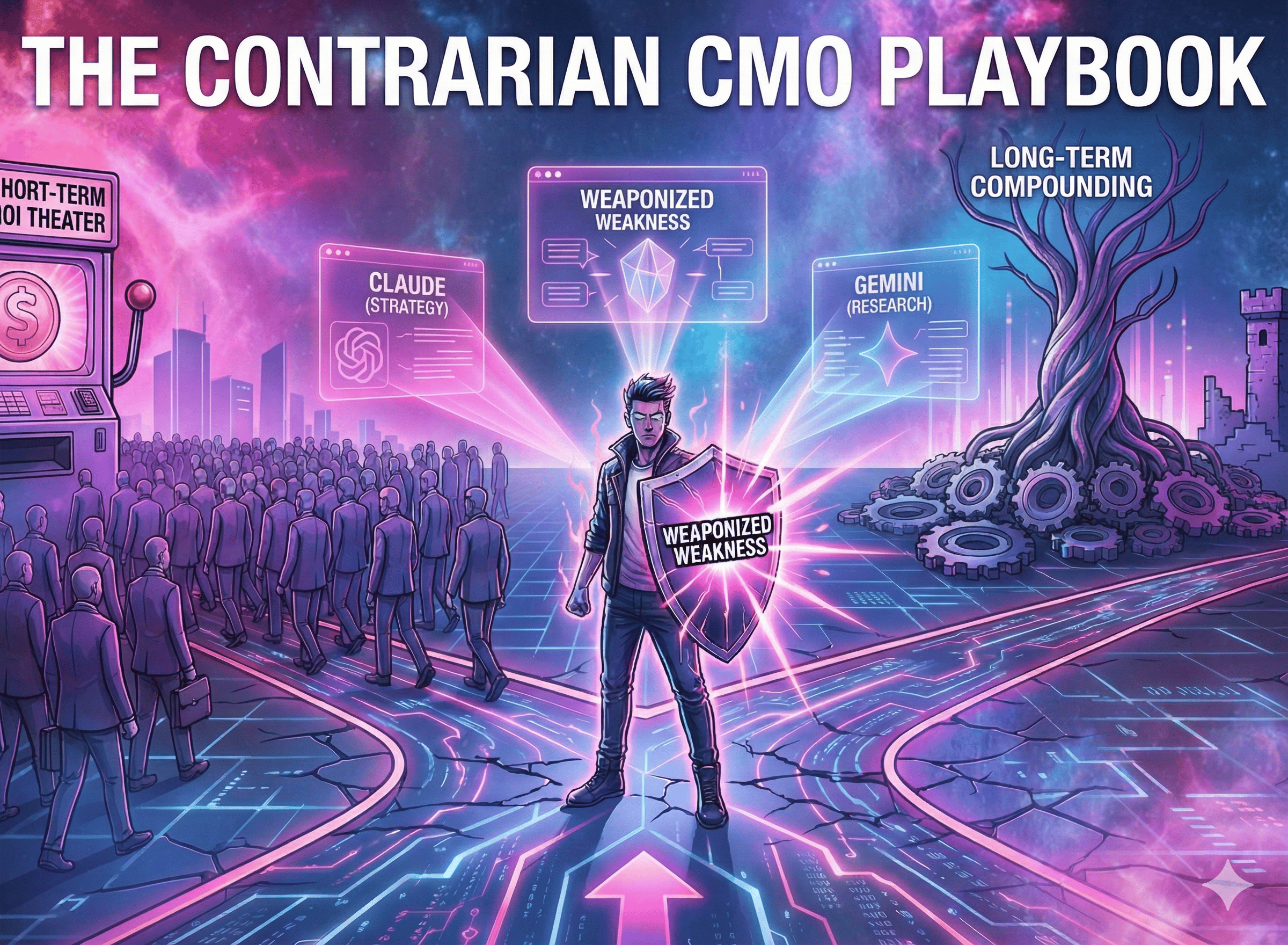 Retro comic book illustration in cosmic neon pinks and purples titled "THE CONTRARIAN CMO PLAYBOOK." A hero figure holding a glowing "WEAPONIZED WEAKNESS" shield chooses a diverging digital path toward a "LONG-TERM COMPOUNDING" tree, moving away from a cr