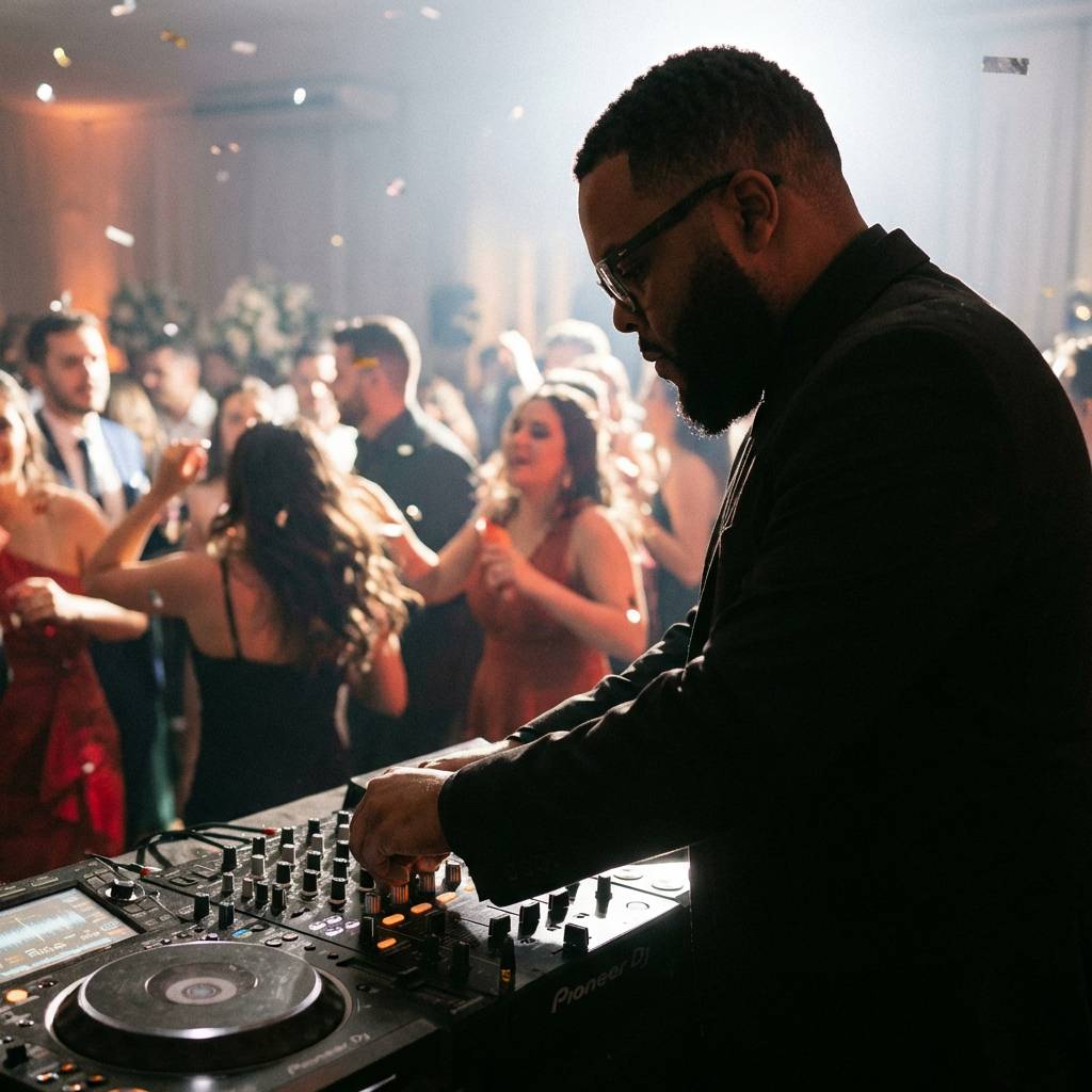 A person with dreadlocks djs at a night party.
