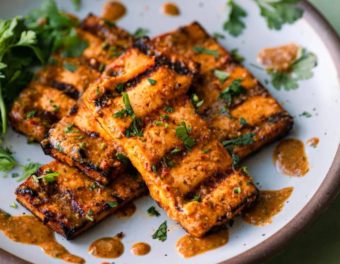 citrus-cilantro grilled tofu slabs on a white plate