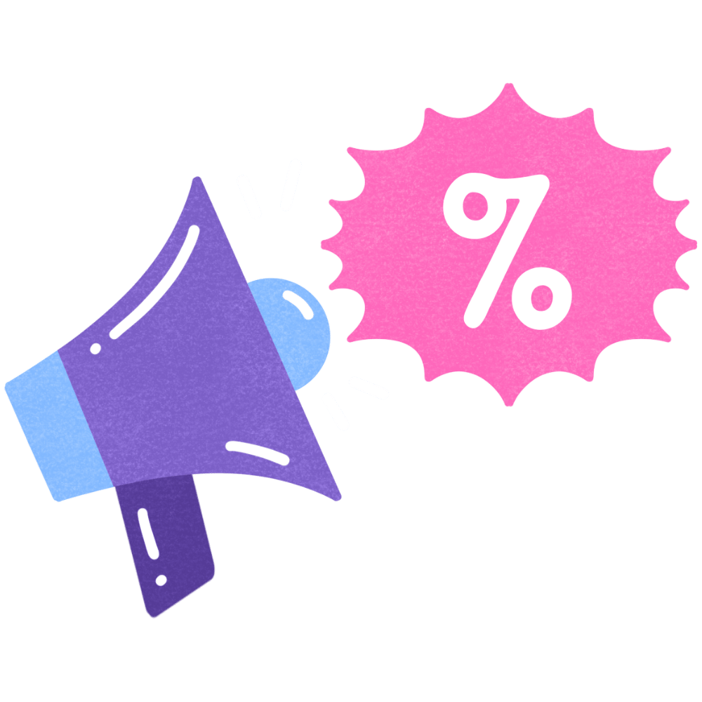 Image of megaphone with percentage sign, to indicate a discount.