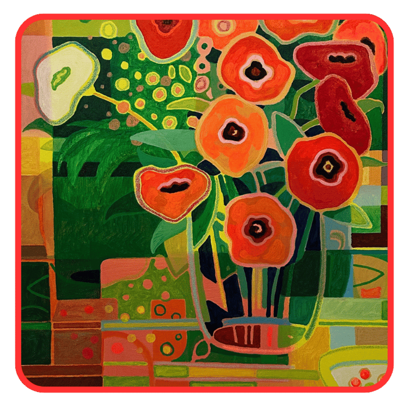 A painting by Christopher O'Connor showing a bouquet of poppies in a glass vase set within an abstract background
