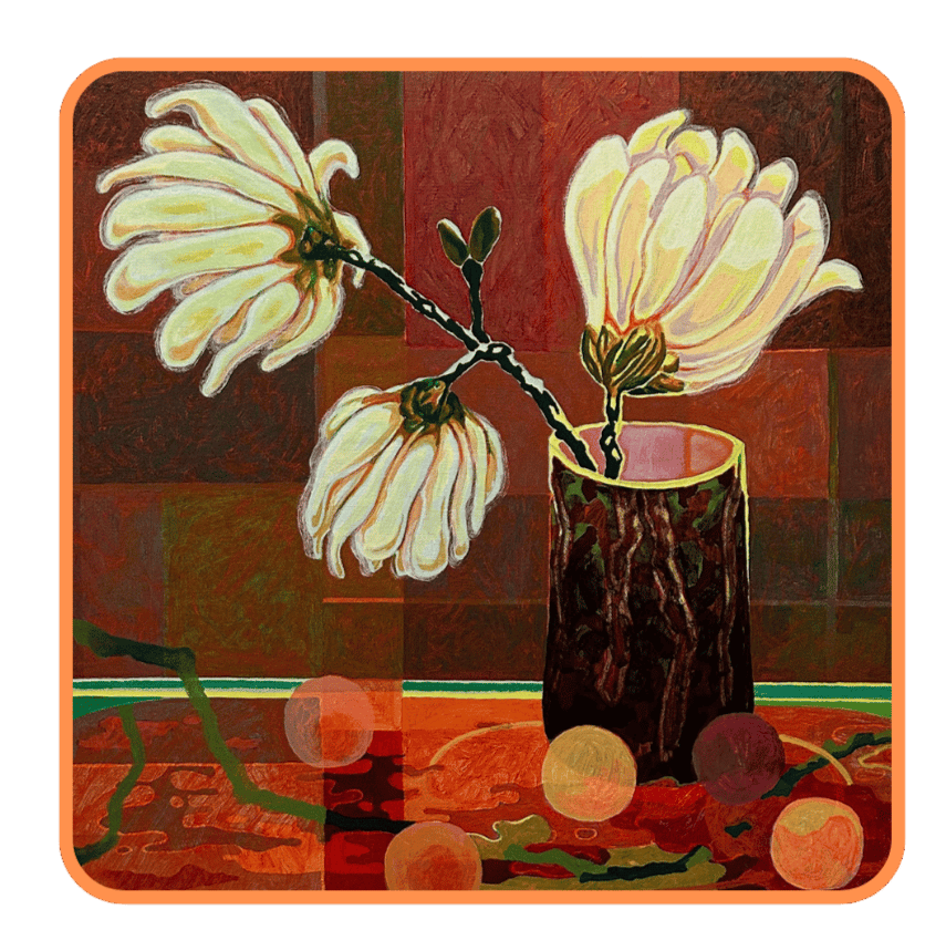 A still-life painting by Christopher O'Connor showing a vase containing three magnolia flowers on a table with 5 plums in front of an abstract background