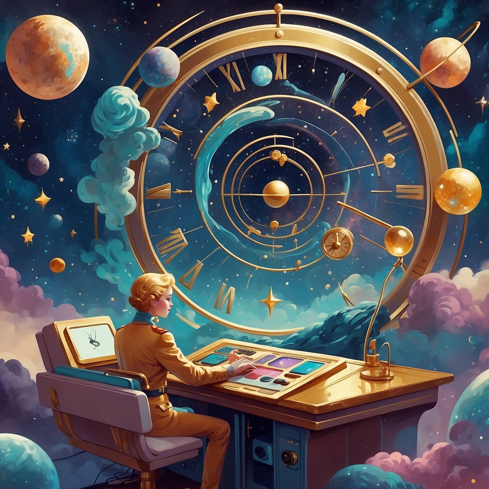 A galaxy inspired woman standing before a moon