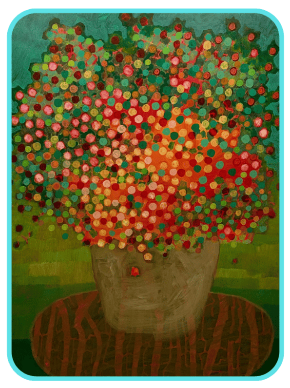 A painting by Christopher O'Connor of a large bouquet of abstract flowers in a clay vase set on a wooden table top with a green background