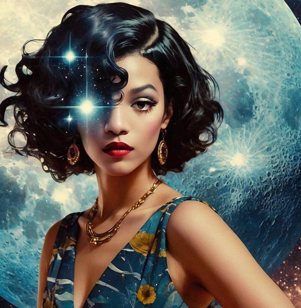 A galaxy inspired woman standing before a moon