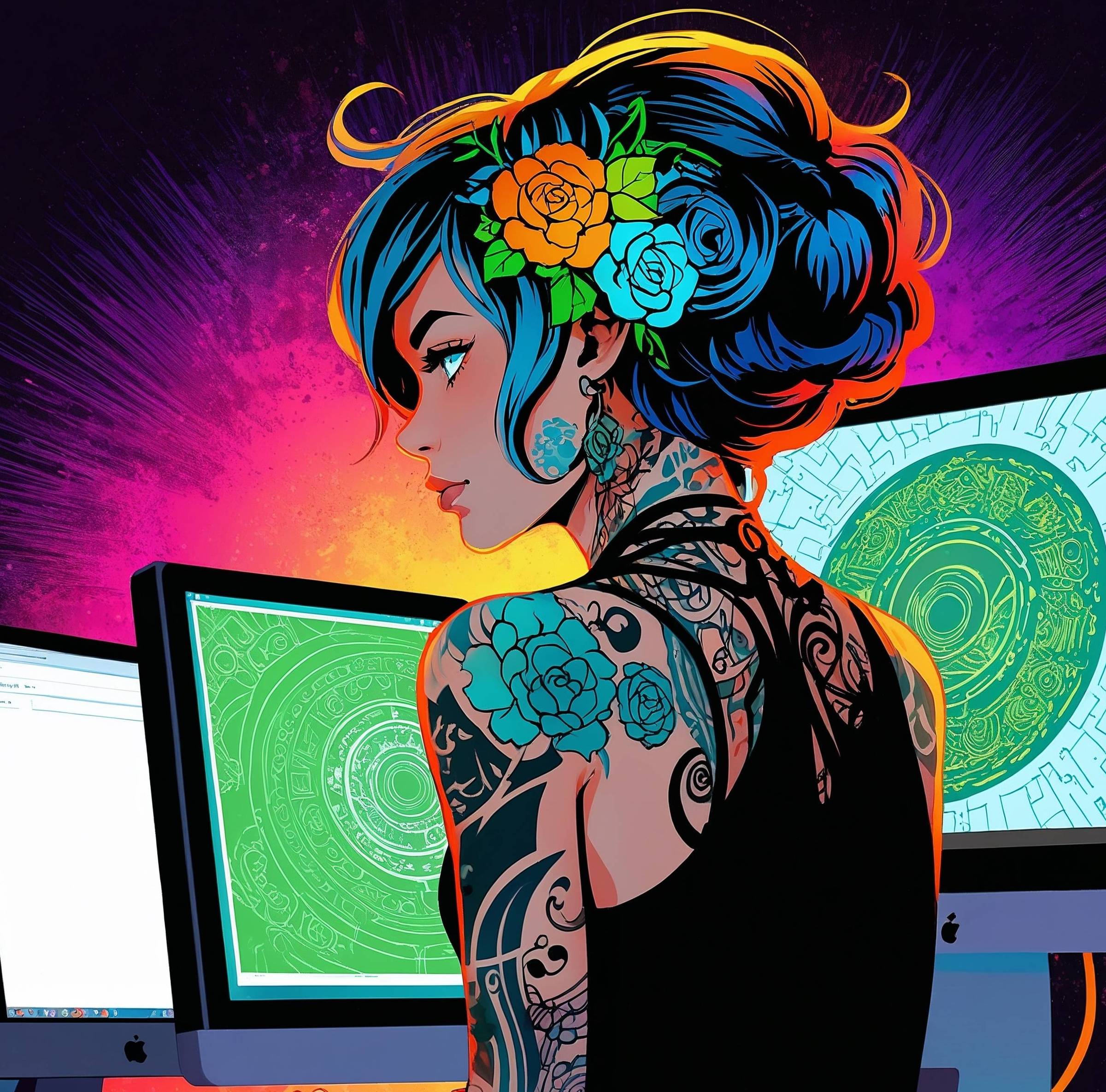 A woman with colorful hair at her work station