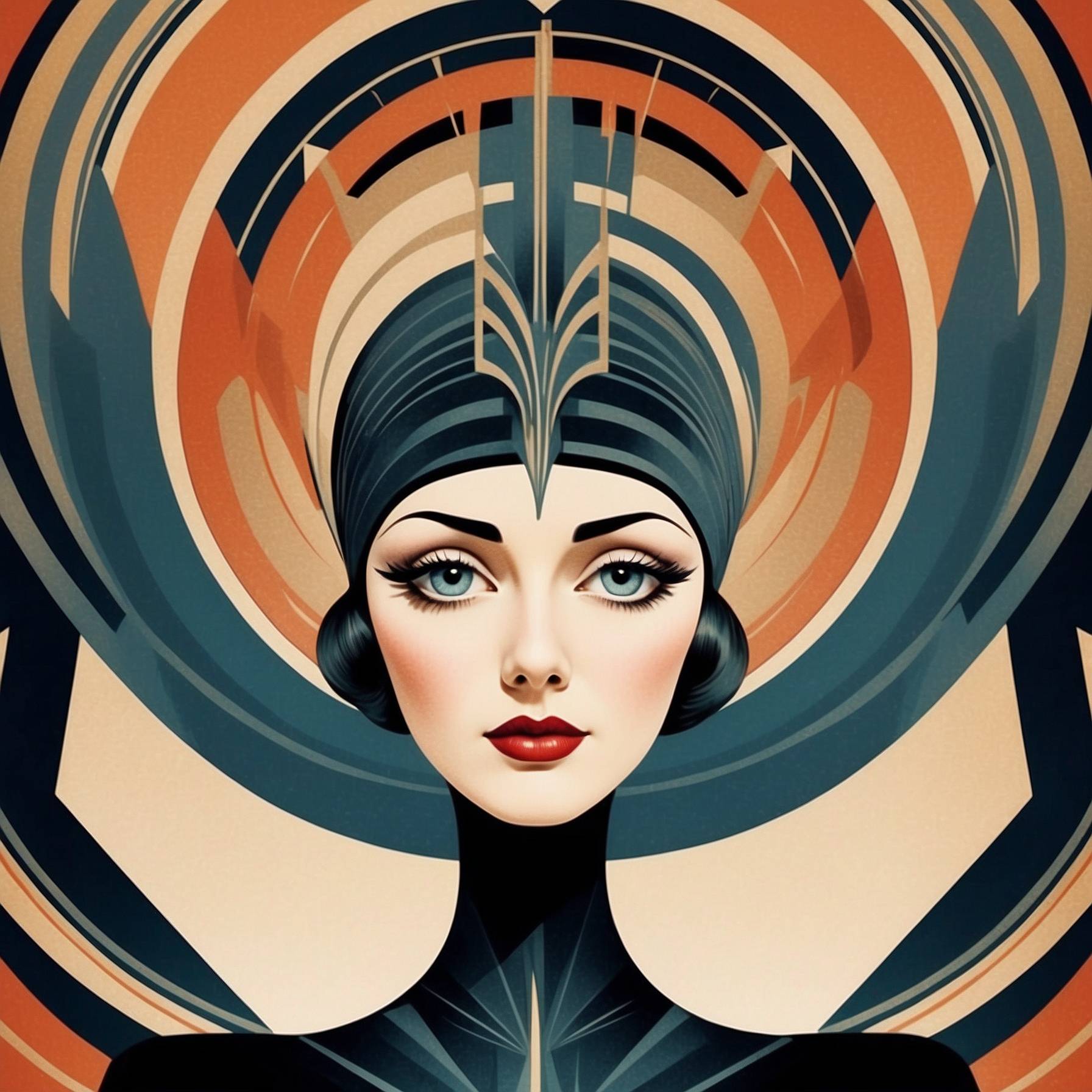 An art deco picture of a woman in tones of brown and blue