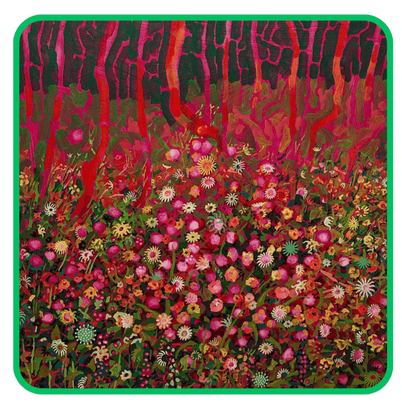 A painting by Christopher O'Connor of a forest at sunset with a large display of woodland flowers in the foreground