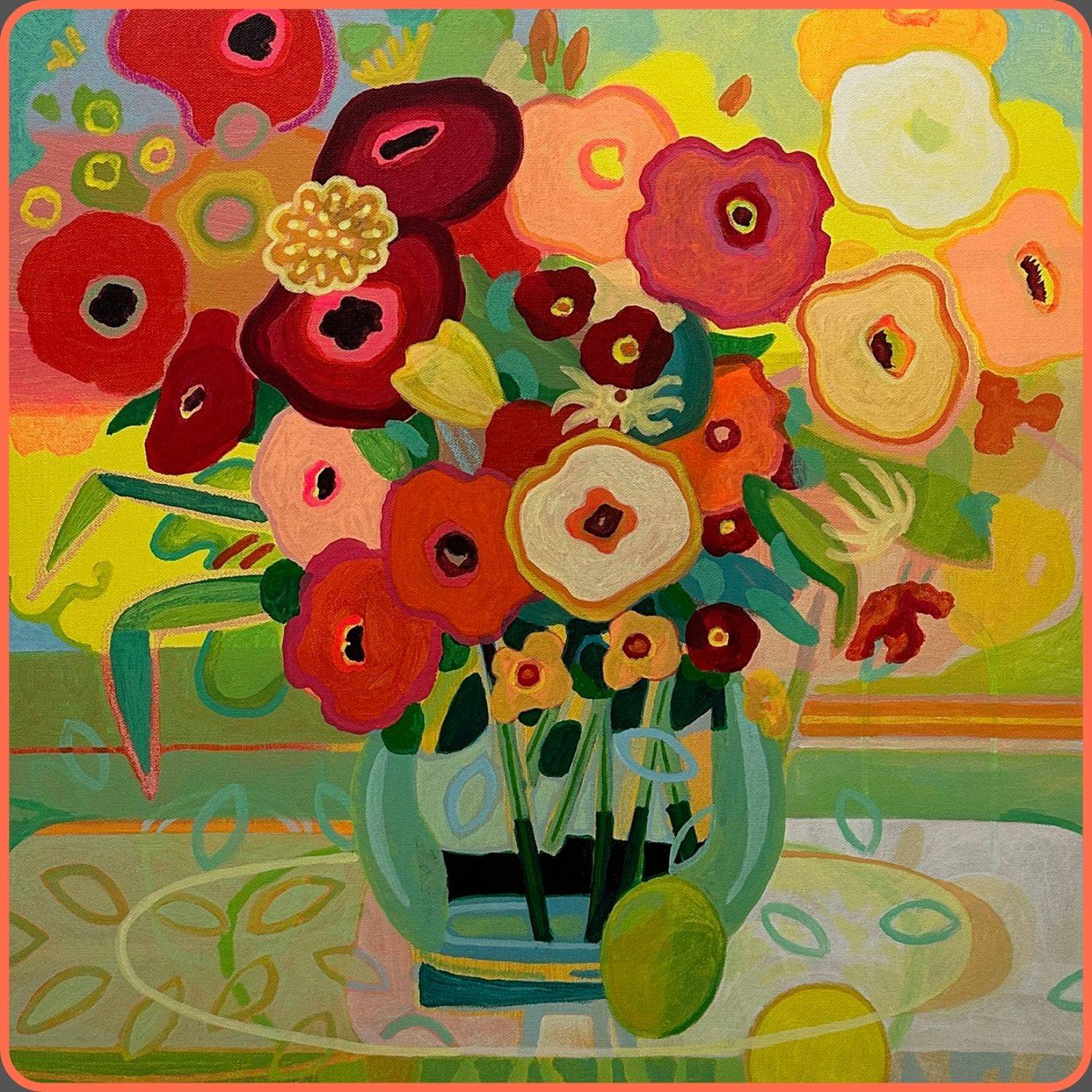 A painting by Christopher O'Connor showing a bouquet of poppies in a glass vase set within an abstract background