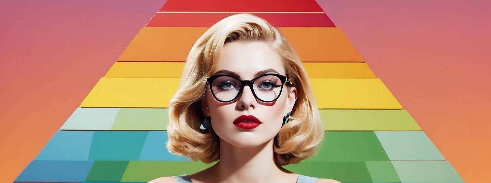 A color rendering of a blonde female wearing glasses in front of a rainbow colored wall.