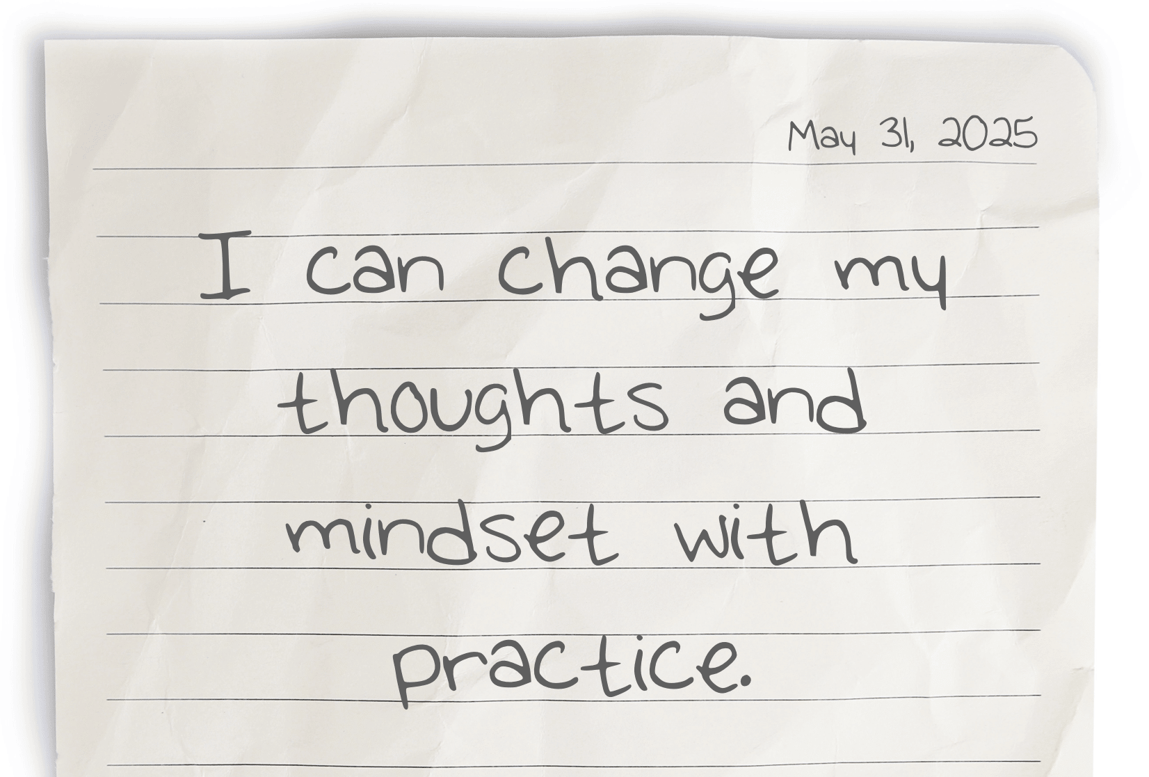 A journaling notebook page dated at the top right corner, featuring today's affirmation, "I can change my thoughts and mindset with practice," written prominently in the center.