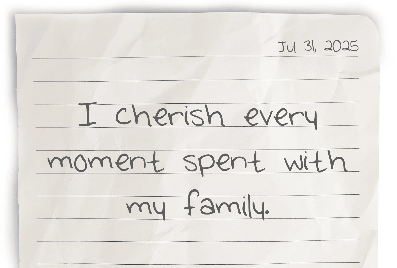 A journaling notebook page dated at the top right corner, featuring today's affirmation, "I cherish every moment spent with my family," written clearly in the center.