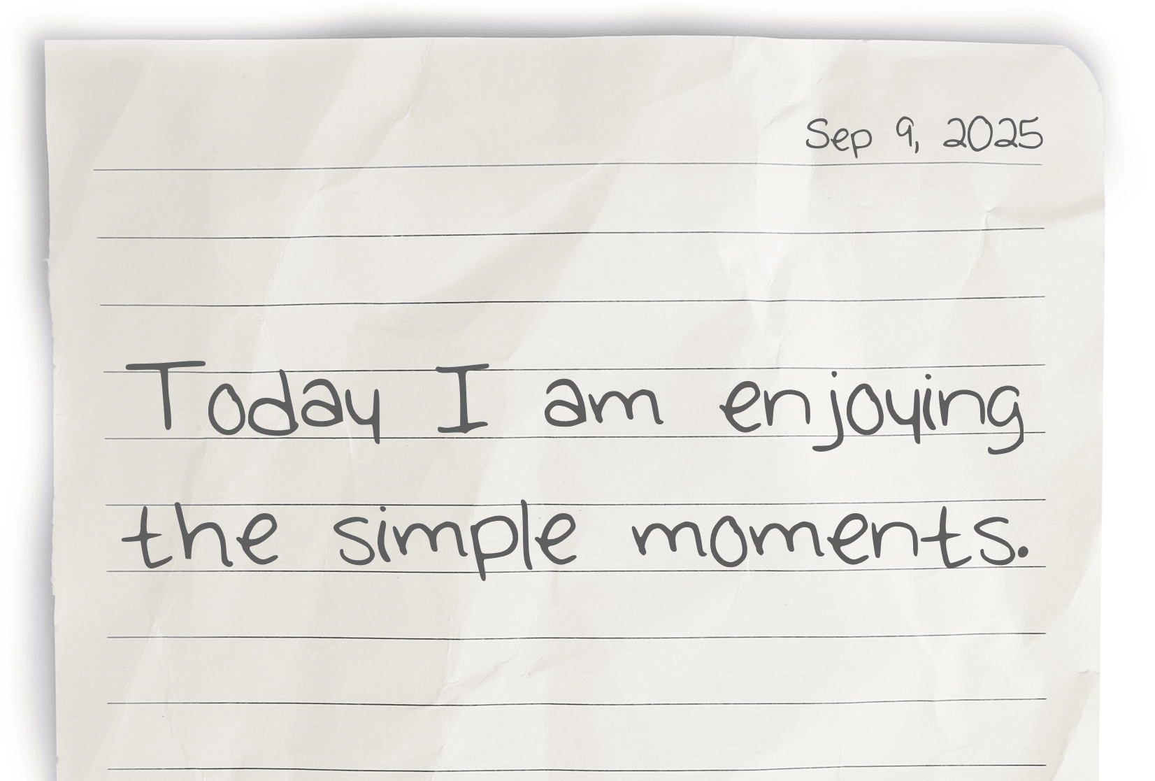 A journaling notebook page dated at the top right corner, featuring today's affirmation, "Today I am enjoying the simple moments," written clearly in the center.